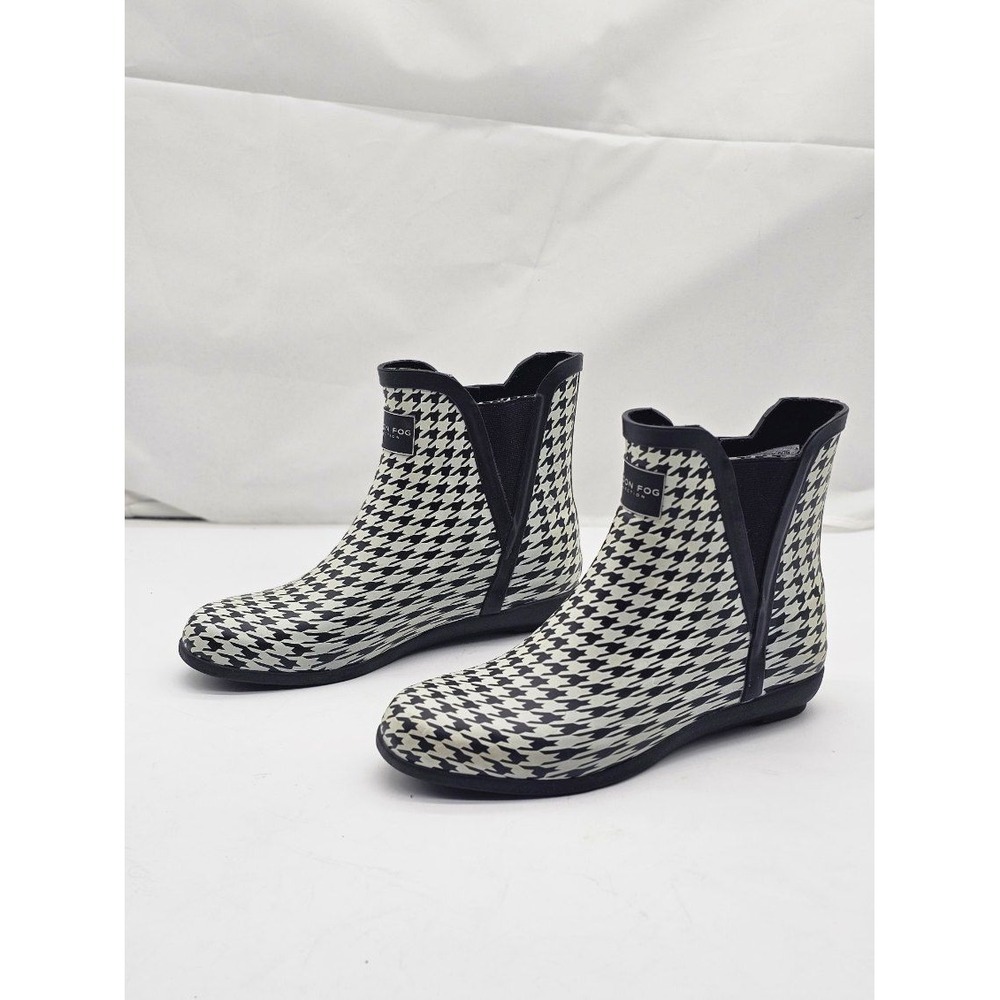 London Fog Piccadilly Rain Boots/Booties Women 8M Black White Houndstooth HKF003
